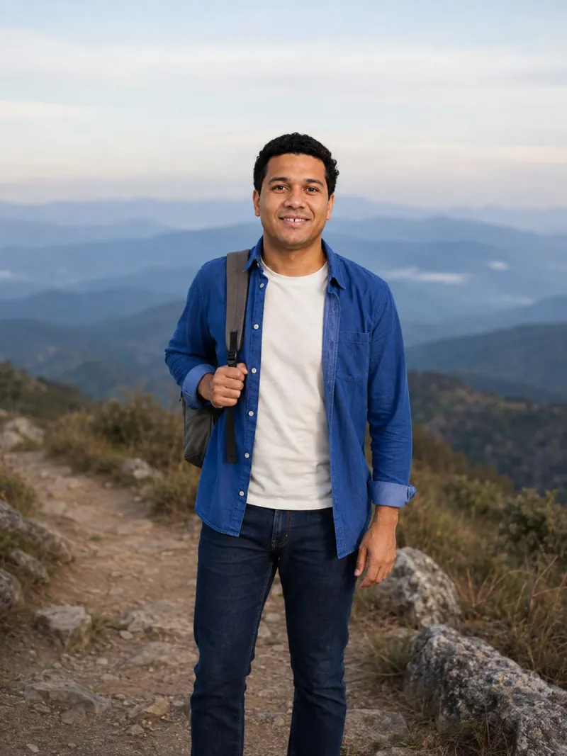 hiking pictures for dating profile: Marcus, a fictional model, in the Above the treeline scene