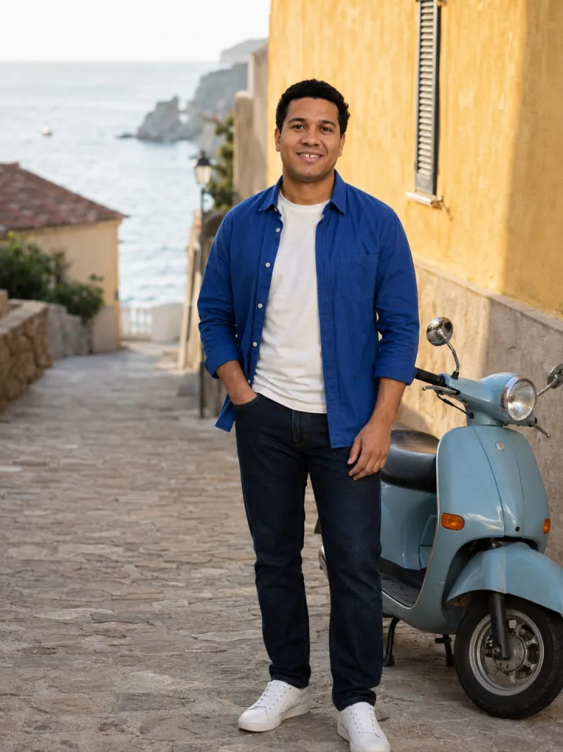 summer holiday photos for dating profile: Marcus, a fictional model, in the A coastal detour scene