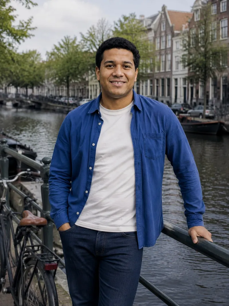 city break photos for dating profile: Marcus, a fictional model, in the A pause by the water scene
