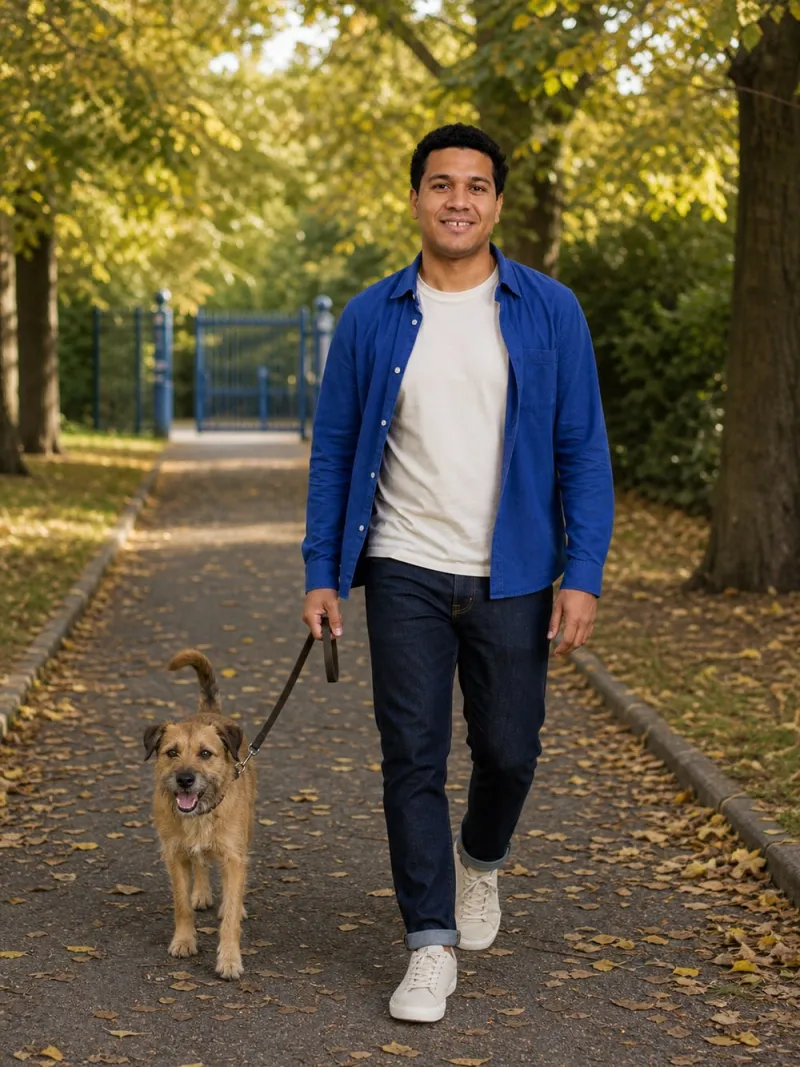 dog owner dating profile photo ideas: Marcus, a fictional model, in the The usual route scene