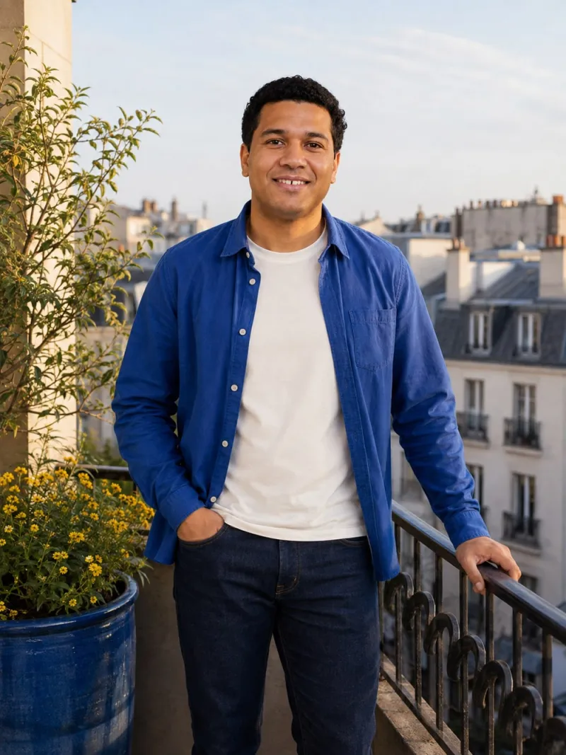 golden hour dating profile pictures: Marcus, a fictional model, in the Last light at home scene