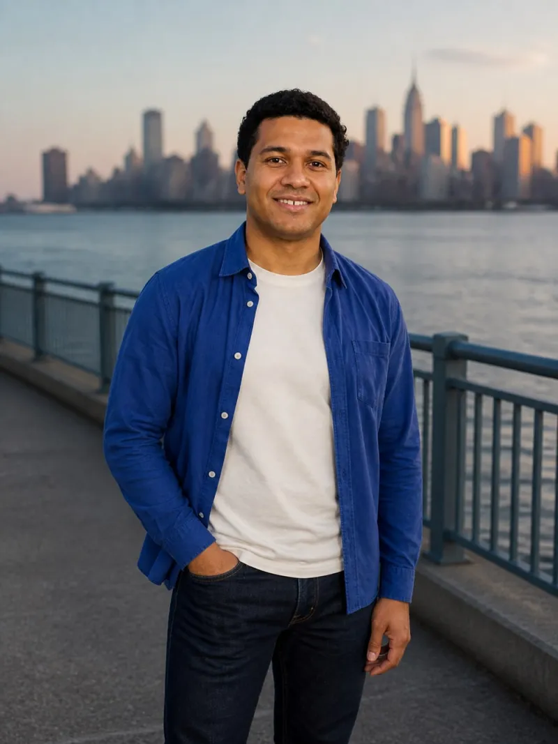 city skyline dating profile picture: Marcus, a fictional model, in the Across the river scene