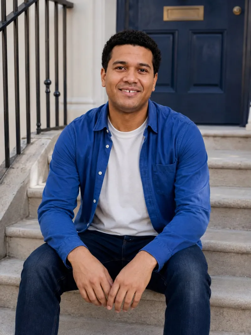full body photo for dating profile: Marcus, a fictional model, in the Around the neighbourhood scene