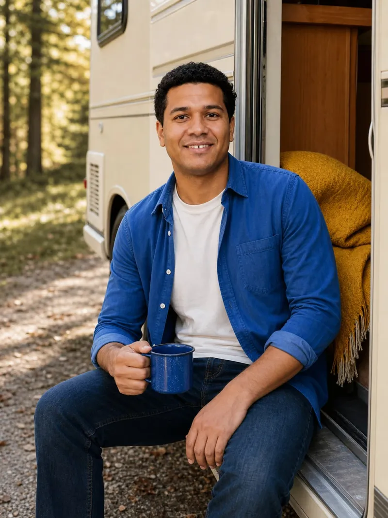 camping photos for dating profile: Marcus, a fictional model, in the A slower morning scene