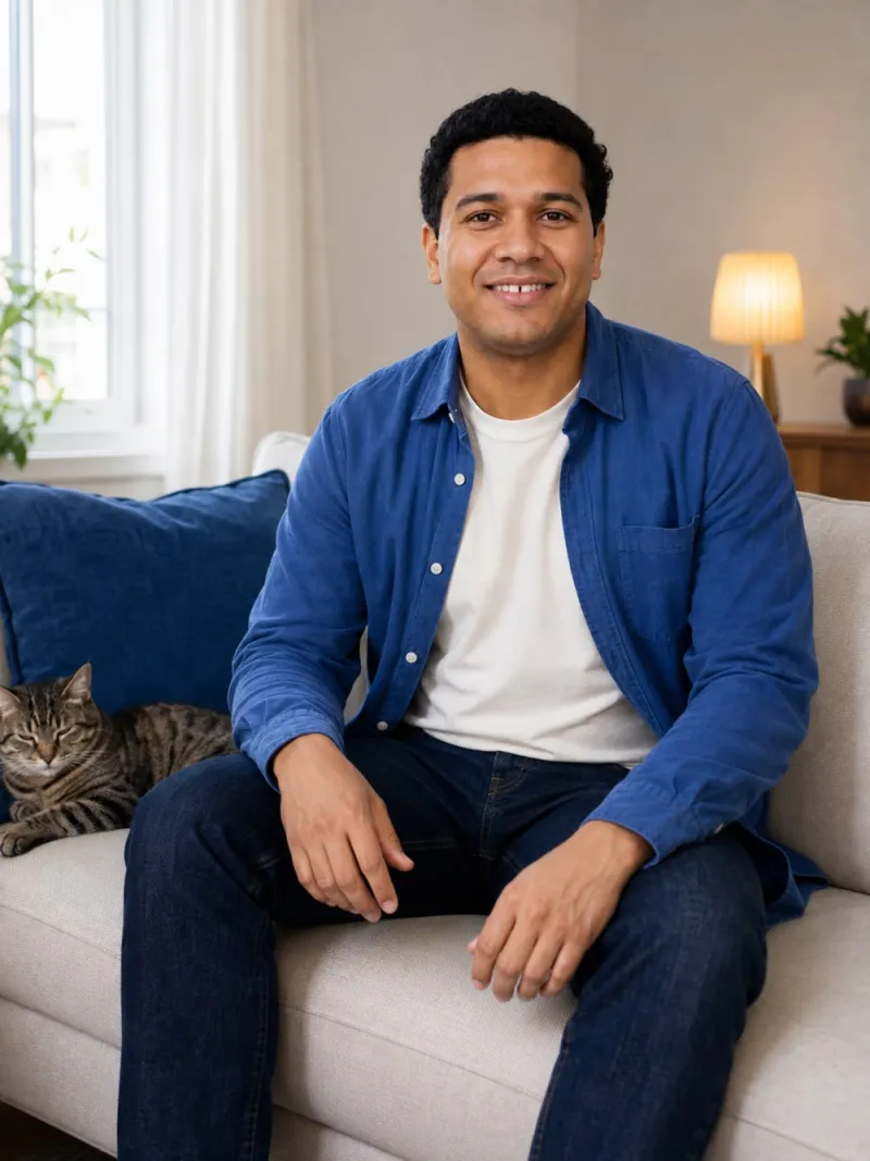 dating profile pictures with a cat: Marcus, a fictional model, in the Home, with company scene