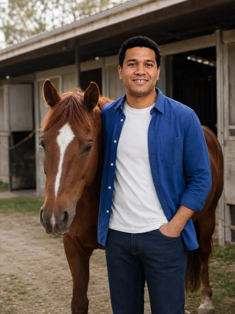 dating profile picture with a horse: Marcus, a fictional model, in the A quiet stable morning scene
