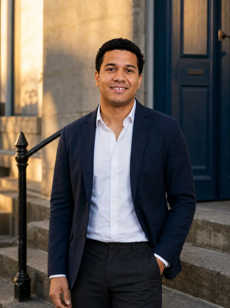 formal photo for dating profile: Marcus, a fictional model, in the A reason to dress up scene