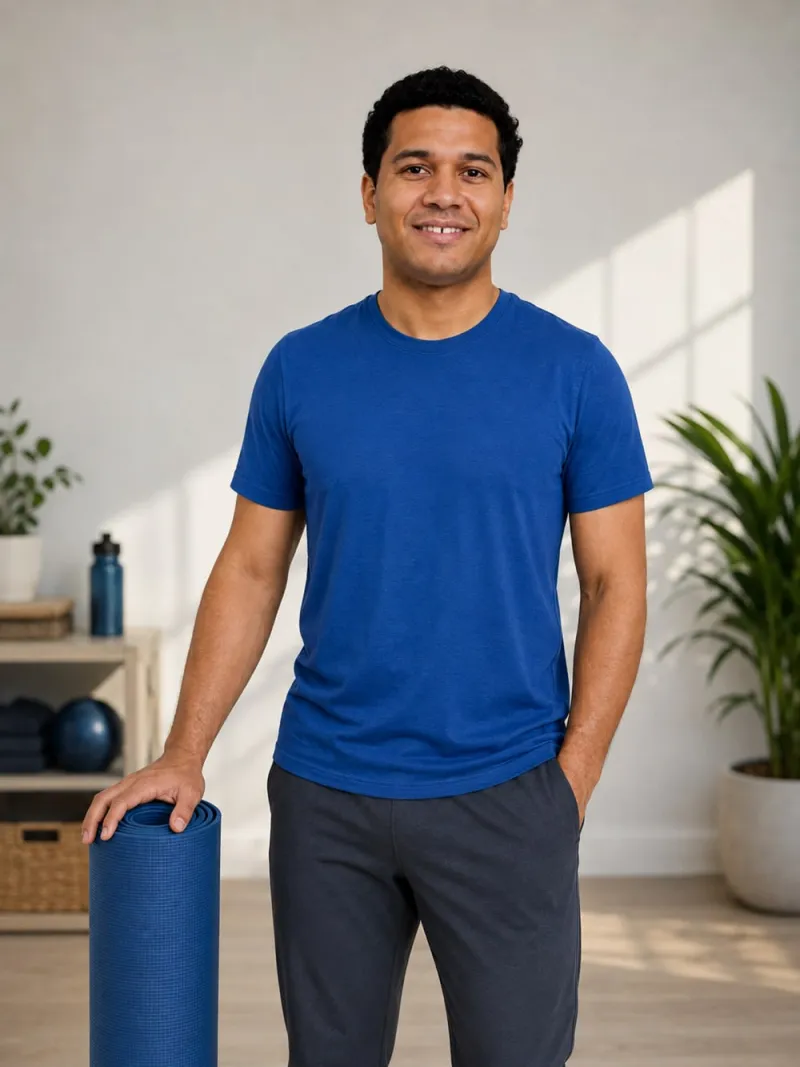 yoga photo for dating profile: Marcus, a fictional model, in the A little breathing room scene