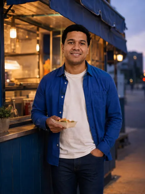 AI dating photo example: Dinner around the corner
