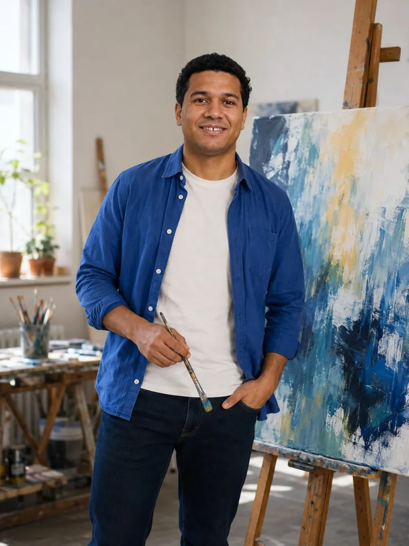 creative dating profile pictures: Marcus, a fictional model, in the A work in progress scene