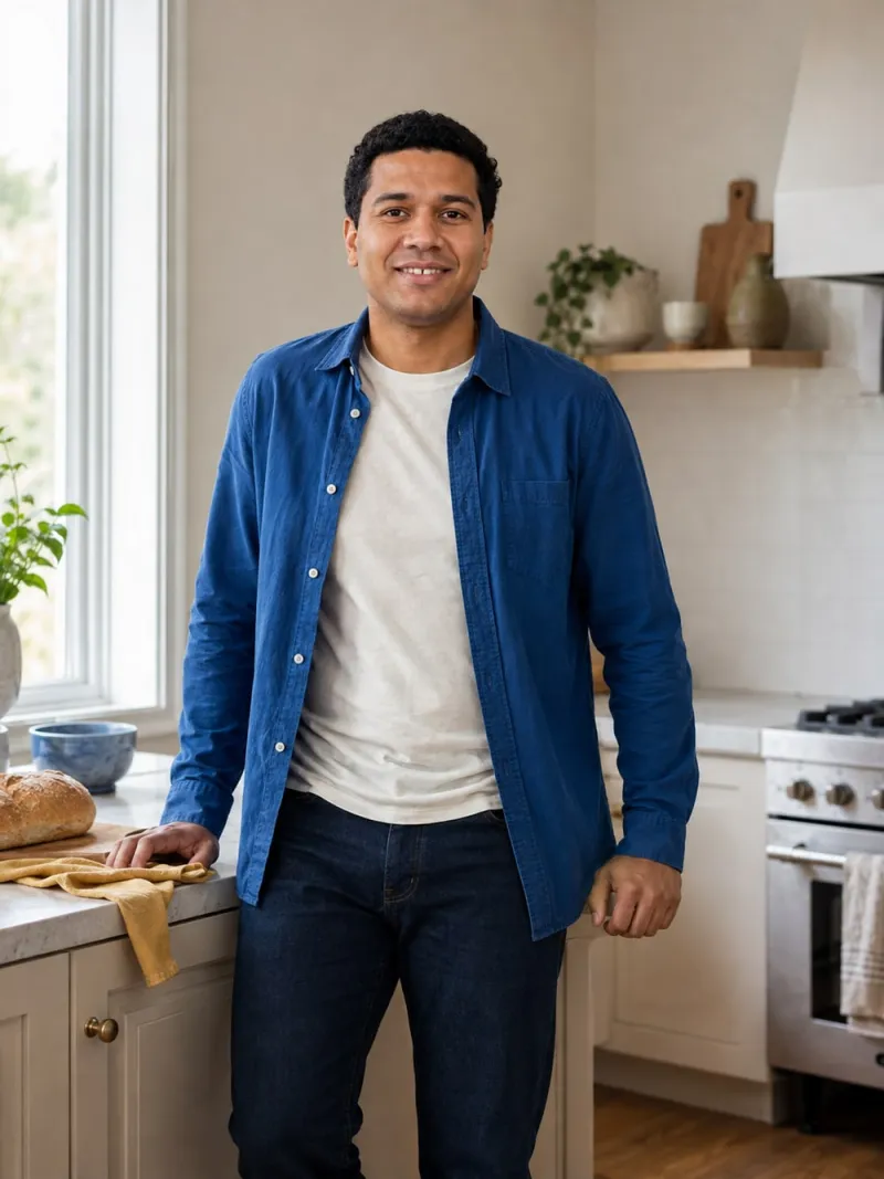 cooking photo for dating profile: Marcus, a fictional model, in the Something for Sunday scene