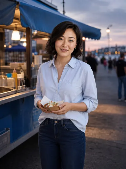 AI dating photo example: Dinner around the corner